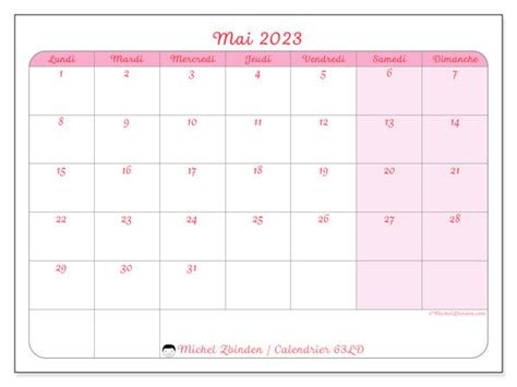Calendrier Mai 2023 à Imprimer “621ld” Michel Zbinden Lu