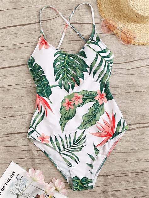 Tropical Print Lace Up Back One Piece Swimsuit Shein Womens