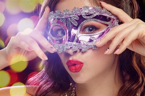 Beauty Model Woman Wearing Venetian Masquerade Carnival Mask At Party Stock Image Image Of