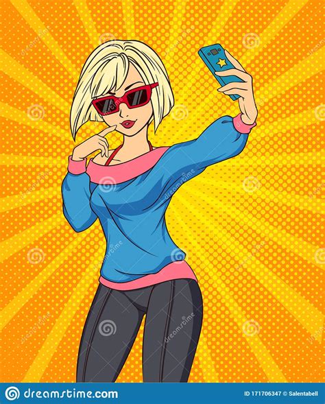 sexy cartoon girl takes a selfie pop art style hand drawn vector illustration blondie girl