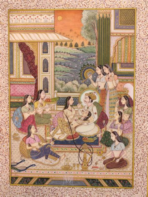 Hand Painted Mughal Love Scene Miniature Painting India Artwork Hookah