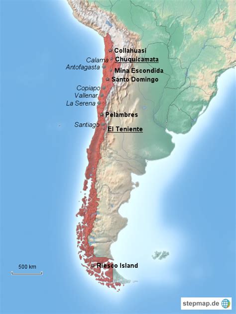 Karte von chile mit der hauptstadt santiago (offiziell) valparaíso (parlamentssitz). StepMap - Bergbau in Chile - Landkarte für Chile