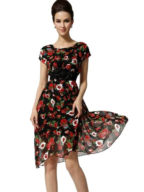 Floral Print Chiffon Short Sleeve Knee Length Dresses For Women Womens Midi Dresses Women