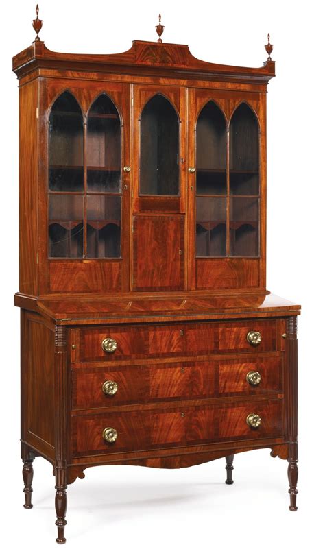 Fine Federal Inlaid And Figured Mahogany Ladys Desk And Bookcase