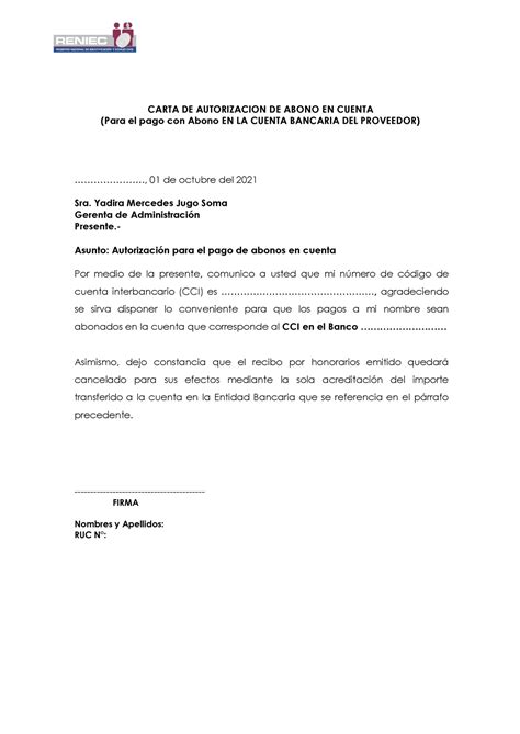 Carta De Autorización De Abono En Cuenta Sunat Carta De Autoriz Acion