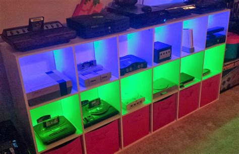Video Game Console Shelves With Colored Lighting Via Reddit User