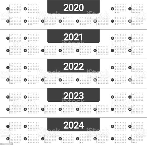 연도 2020 2021 2022 2023 2024 달력 벡터 디자인 템플릿 0명에 대한 스톡 벡터 아트 및 기타 이미지 0명