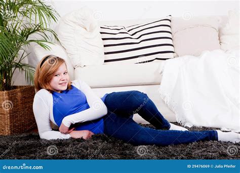 Happy Teenager Girl Smiling Sitting On Couch Stock Image Image Of Happiness Couch 29476069
