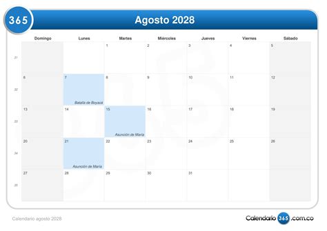 Calendario Agosto 2028