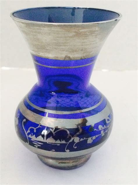 Diminutive Cobalt Blue Glass Vase W Hand Painted Silver Overlay Vintage Ebay