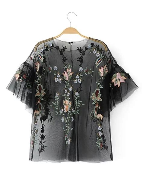 Shop Flower Embroidery Sheer Mesh Top Online Shein Offers Flower