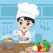 El joven chef está cocinando en la cocina, | Vector Premium