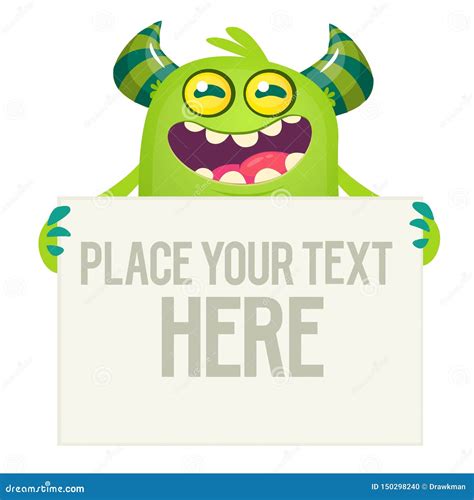 Funny Cartoon Monster Peeking Behind A Blank White Sign Stock Vector