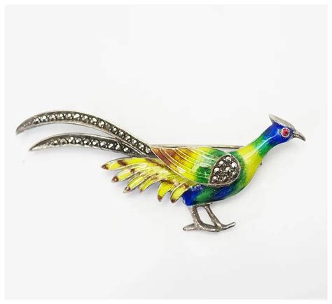 Vintage Sterling 935 Silver Marcasite And Enamel Pheasant Bird Pin