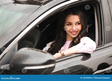 Beautiful Happy Brunette Girl On Car Window Stock Photo Image Of