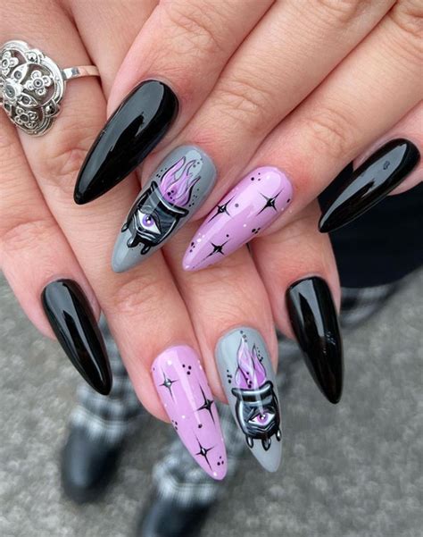 40 Cute Halloween Nail Designs Black And Lilac Witch Nails I Take You