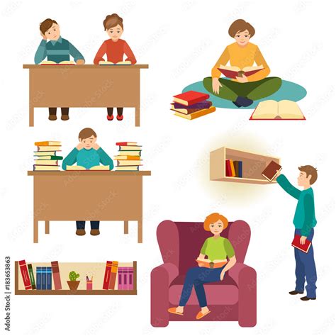 Set Of People Students Reading Books In Library Bookstore Armchair