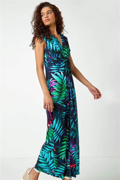 Tropical Print Maxi Dress In Turquoise Roman Originals Uk