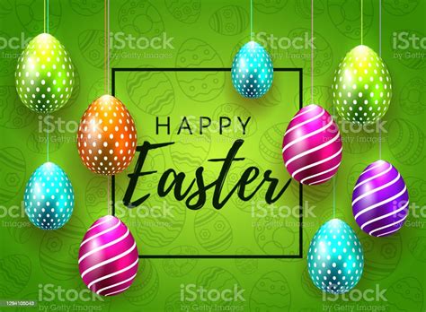 Happy Easter Calligraphy Background With Realistic Colored Shine Decorated Eggs And Cute Doodles