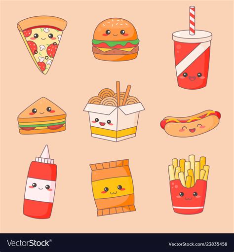 Fast Food Junk Kawaii Cute Face Set Hamburger Vector Image