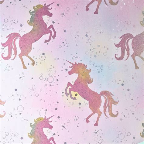 Unicorns Horses Wallpaper Kids Girls Bedroom Lilac Pink White Purple