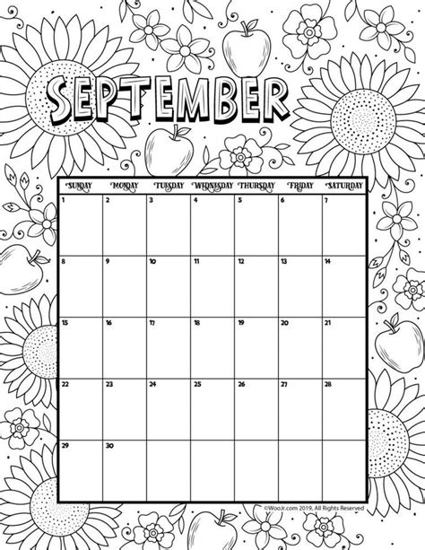 September 2019 Coloring Calendar Woo Jr Kids Activities Coloring