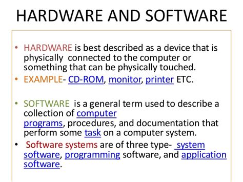 Computer hardware includes physical parts of a computer. Hardware and software