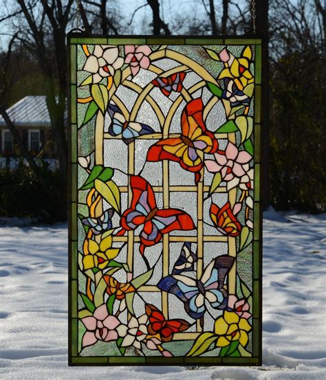 10 Inch High Stained Glass Suncatcher Window Panel Blue Yellow Red 毎日激安