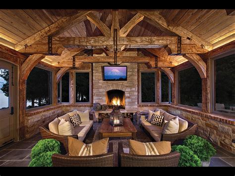 Rustic Screened Porch Outdoor Fireplace Designs Rustic House Ranch