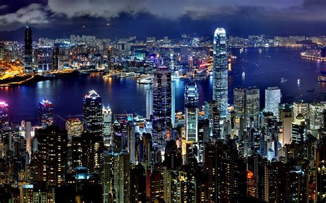 Wallpaper Hong Kong City Night Lights Skyscrapers Water