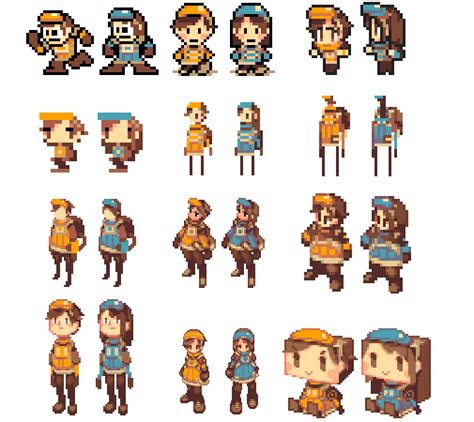 Some Pixel Art Work With People In Different Outfits And Hats All
