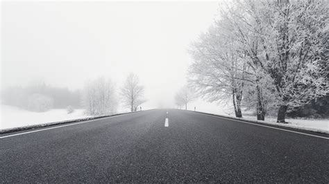 Road Winter Bw Snow Fog Trees Direction 4k Hd Wallpaper