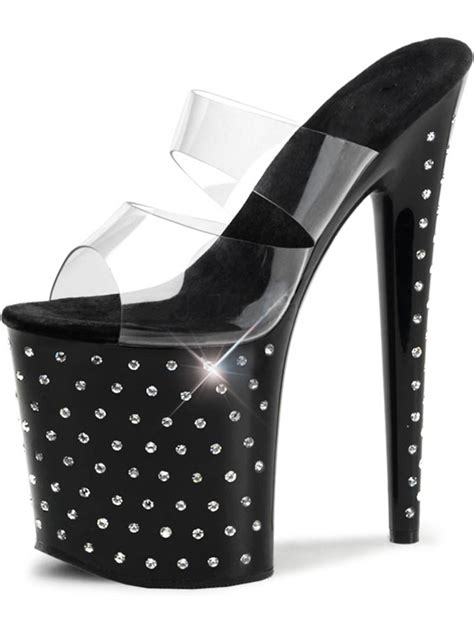 Summitfashions Black Slide Rhinestone High Heels Sandal With Clear Top Straps And 8 Inch Heels