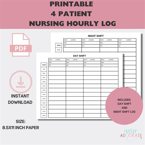 Four Patient Nurse Hourly Rounding Log. Nurse SBAR Nightshift and