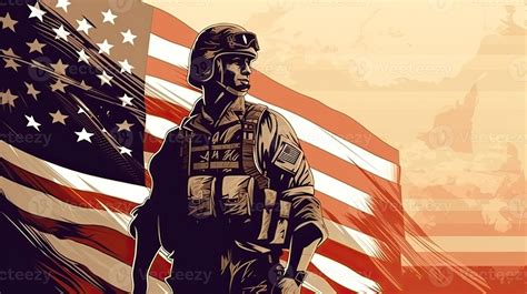 Llustration Of Usa Army Soldier With Nation Flag Greeting Card For
