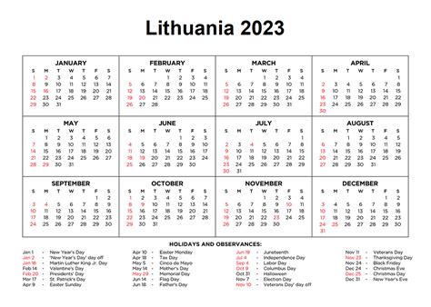 Free Printable Lithuania 2023 Calendar With Holidays Pdf