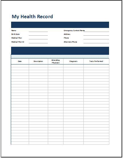 Personal Medical Health Record Sheet Excel Microsoft Word And Excel