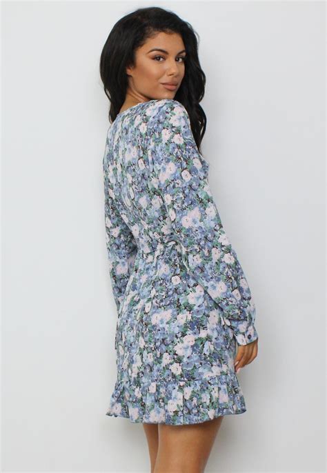Blue Floral Print Ruched Side Button Tea Dress Missguided