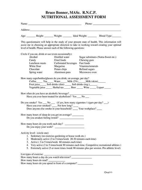 Nutritional Assessment Questionnaire Forms Fill Online Printable