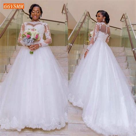 Excellent Nigerian Arabic Wedding Dresses Long Sleeve Illusion White Wedding Gown 2020 Tulle
