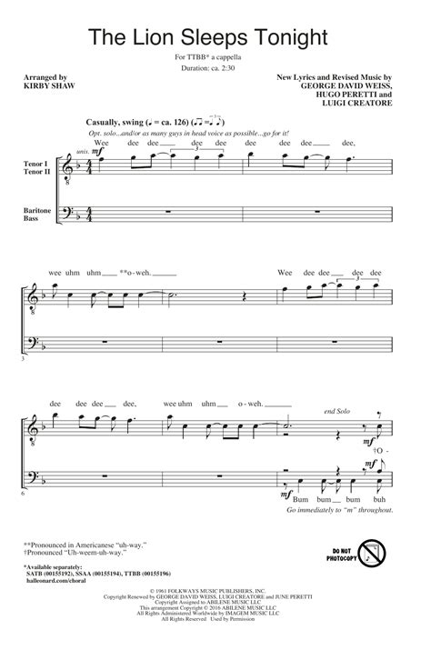 The lion sleeps tonight, also known as wimoweh and originally as mbube is a song recorded by solomon linda and his group the evening birds for the south african gallo record company in 1939. The Lion Sleeps Tonight | Sheet Music Direct