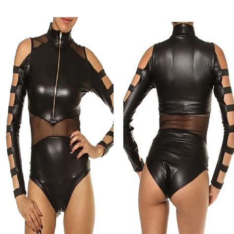 hot selling new style faux leather costume front zipper sexy latex catsuit long sleeve spandex