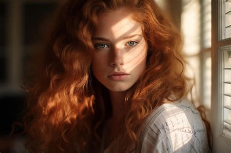 Premium Ai Image Beautiful Young Redhead Woman With Long Curly Hair