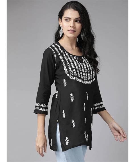 Ada Hand Embroidered Black Cotton Lucknow Chikankari Women Short Kurti
