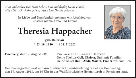 Traueranzeigen Von Theresia Happacher Augsburger Allgemeine Zeitung