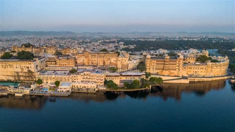Aerial View City Palace In Udaipur During Sunrise Known For Its