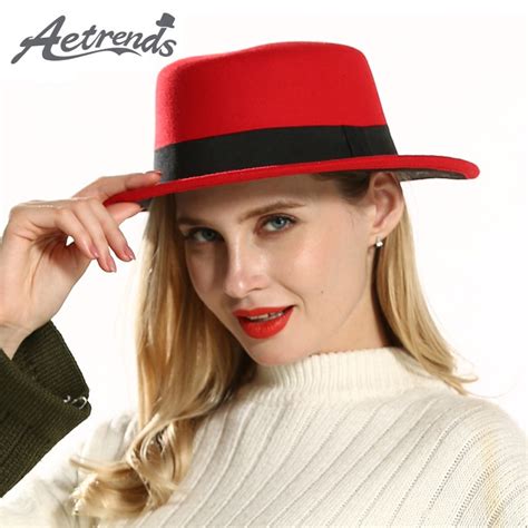 [aetrends] 2019 fashion women fedoras double colors red with inner black ladies wide brim hats