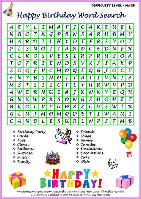 Happy Birthday Word Searches Easy And Hard Versions With Answers Penny Saving Mum Happy