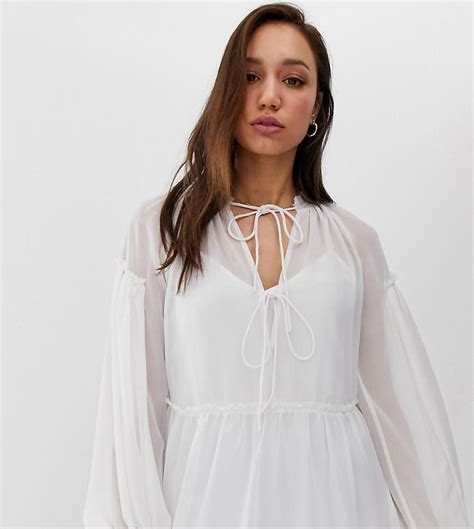 Asos Asos Design Tall Sheer Smock Top With Tie Front In White Lyst