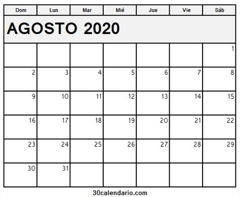 Calendario Agosto 2020 Mensual Calendario En Blanco 2020 Calendario